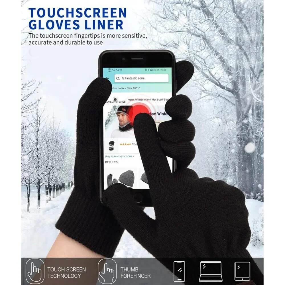 Women's Black Winter Touchscreen Wool Magic Warm Knit Fleece Lined Gloves